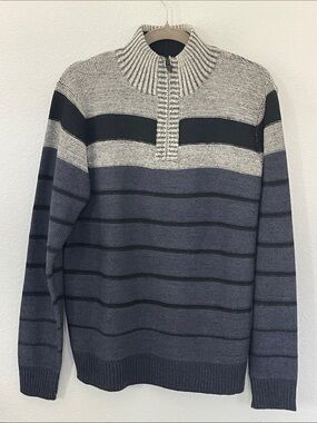 Hudson & Barrow Men’s M Striped Quarter Zip Mock Neck Sweater Gray Black Blue